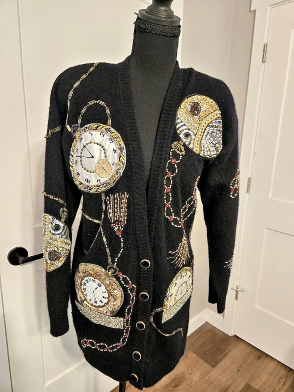 Vintage Marisa Christina Clock Pocket Watch Beaded Wool Blend Cardigan